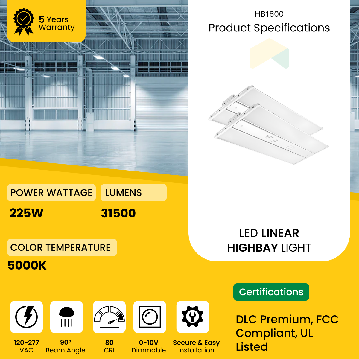 LED Linear High Bay Light - 225W - 5000K- 120-277VAC - 31500 Lumens - 0-10V Dimmable - UL Listed - DLC Premium Listed - 5 Years Warranty - 2-Pack