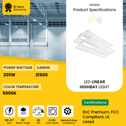 LED Linear High Bay Light - 225W - 5000K- 120-277VAC - 31500 Lumens - 0-10V Dimmable - UL Listed - DLC Premium Listed - 5 Years Warranty - 2-Pack