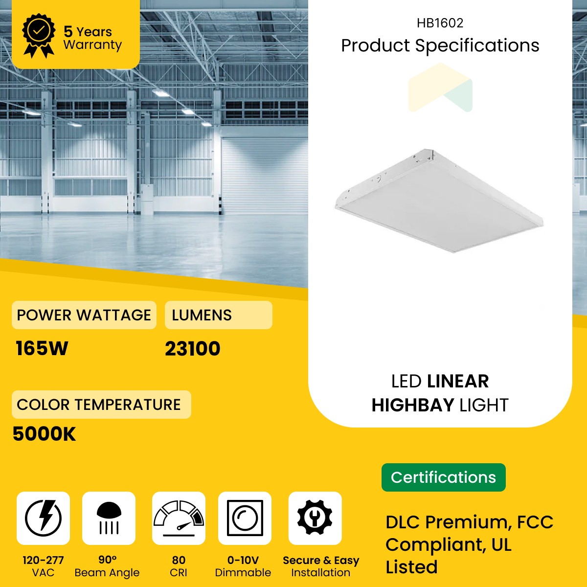 LED Linear High Bay Light - 165W - 5000K- 120-277VAC - 23100 Lumens - 0-10V Dimmable - UL Listed - DLC Premium Listed - 5 Years Warranty - 2-Pack