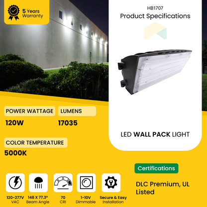 LED Semi Cutoff Wall Pack Light 120W - 5000K - 17035 Lumens - AC120-277V, 0-10V Dimmable - IP66 - UL Listed - DLC Premium Listed - 5 Years Warranty