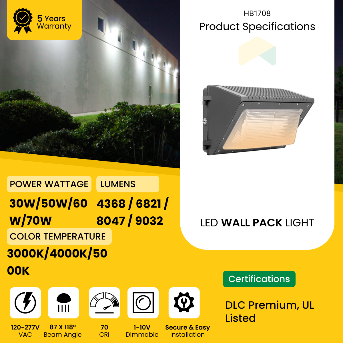 LED Wall Pack Light With Photocell, 30W/50W/60W/70W - Wattage adjustable - 9032Lumens 3000K/4000K/5000K, CCT Selectable - AC120-277V, 0-10V Dimmable - IP66 - UL Listed - DLC Premium Listed - 5 Years Warranty