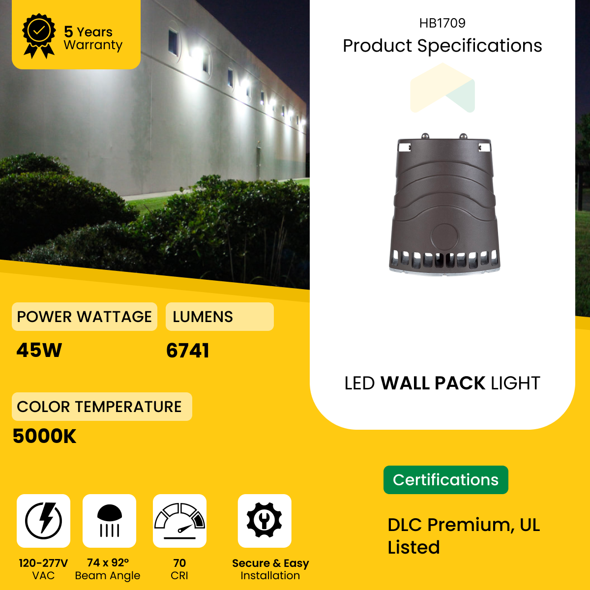 Architectural Wall Pack 45W - 5000K - 6741Lumens - AC120-277V, 0-10V Dimmable - IP66 - UL Listed - DLC Premium Listed - 5 Years Warranty