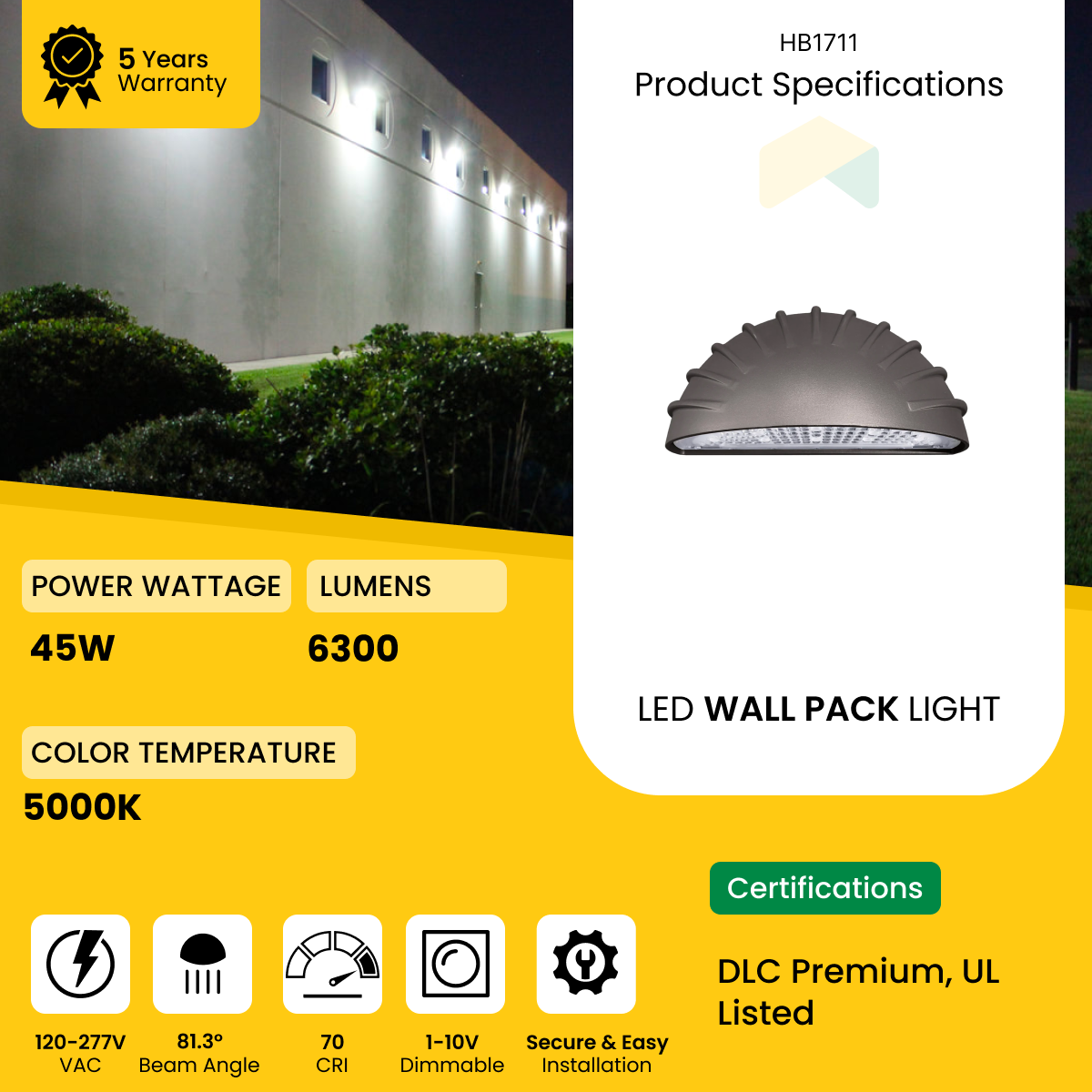 Football LED Full Cutoff Wall Pack 45W - 6300 Lumens - 5000K - AC120-277V 0-10V Dimmable - IP66 - UL Listed - DLC Premium Listed - 5 Years Warranty