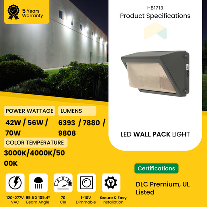 LED Glass Wall Pack Light - 42W/56W/70W Wattage adjustale - 3000K/4000K/5000K - CCT Selectable -9808Lumens AC120-277V 0-10V Dimmable - IP66 - UL Listed - DLC Premium Listed - 5 Years Warranty