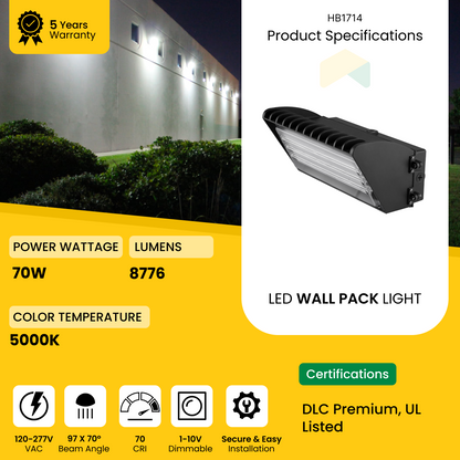 70W LED Semi Cutoff Wall Pack Light - 10150 Lumens - 5000K - AC120-277VLED Semi Cutoff Wall Pack Light 70W - 5000K - 10150 Lumens - AC120-277V 0-10V Dimmable - IP66 - UL Listed - DLC Premium Listed - 5 Years Warranty