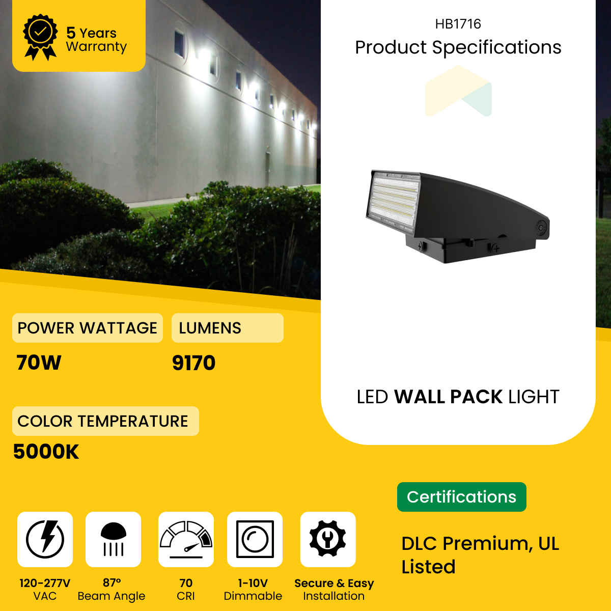 LED Adjustable Wall Pack - 70W - 5000K - 9170 Lumens - AC120-277V 0-10V Dimmable - IP66 - UL Listed - DLC Premium Listed - 5 Years Warranty