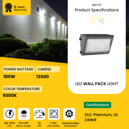 LED Glass Wall Pack Light -100W - 5000K - 13500 Lumens - AC120-277V 0-10V Dimmable - IP66 - UL Listed - DLC Premium Listed - 5 Years Warranty