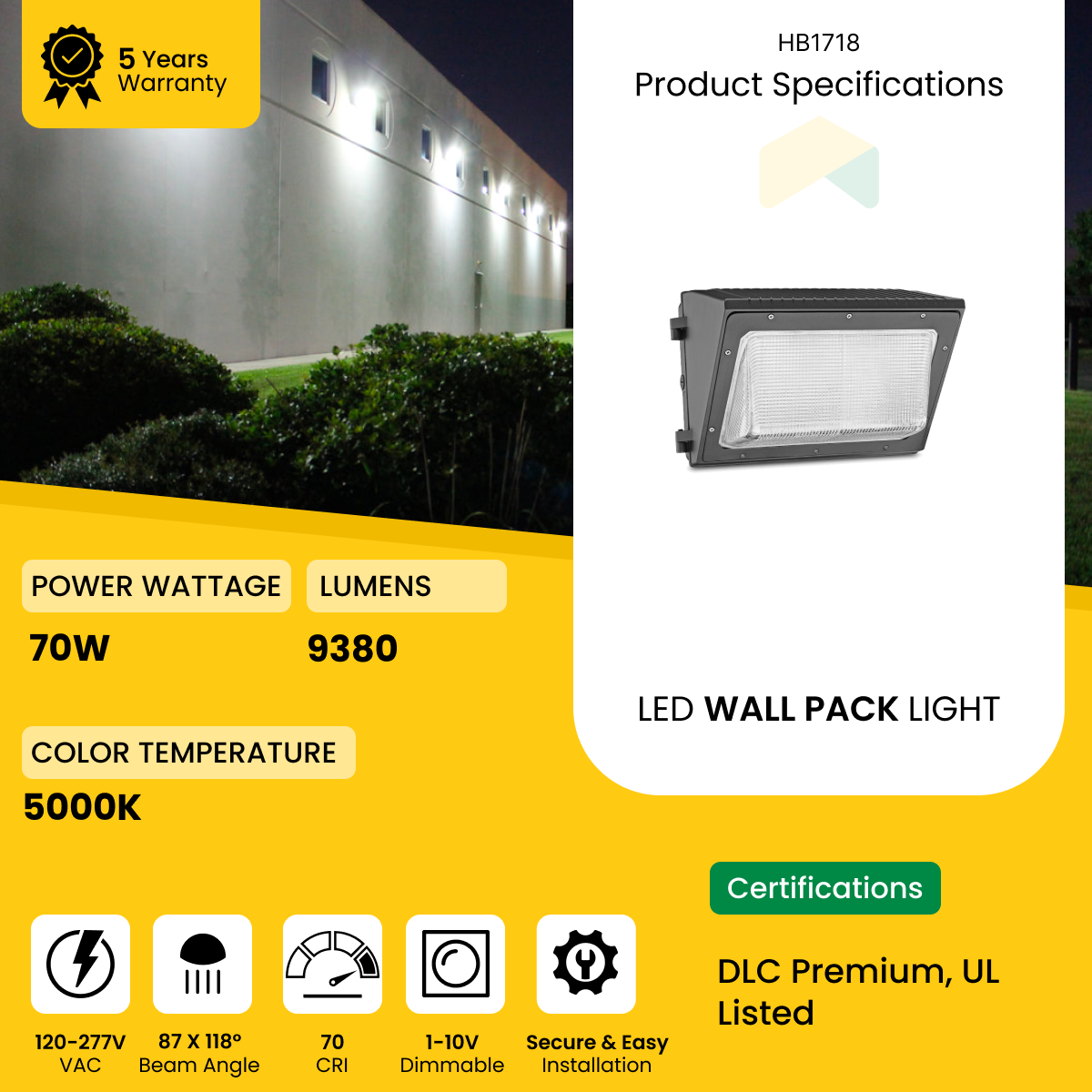 LED Glass Wall Pack Light - 70W - 5000K - 9380 Lumens - AC120-277V 0-10V Dimmable - IP66 - UL Listed - DLC Premium Listed - 5 Years Warranty