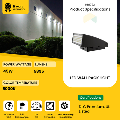 LED Adjustable Wall Pack 45W - 5000K - 5895 Lumens - AC120-277V 0-10V Dimmable - IP66 - UL Listed - DLC Premium Listed - 5 Years Warranty