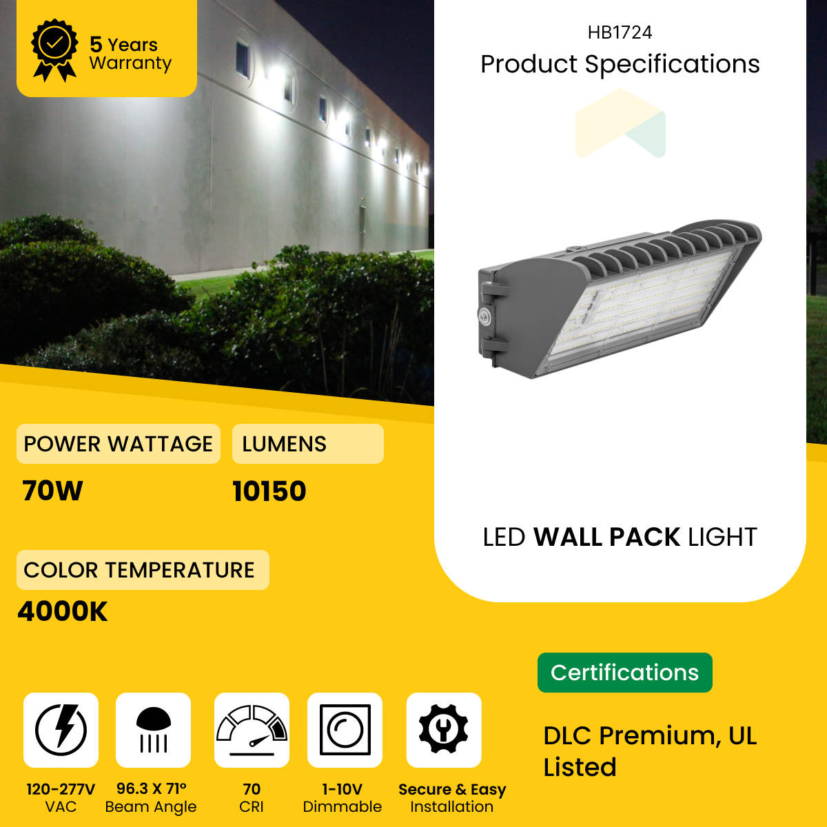 LED Semi Cutoff Wall Pack Light 70W - 4000K - CCT Selectable AC120-277V 0-10V Dimmable - IP66 - UL Listed - DLC Premium Listed - 5 Years Warranty