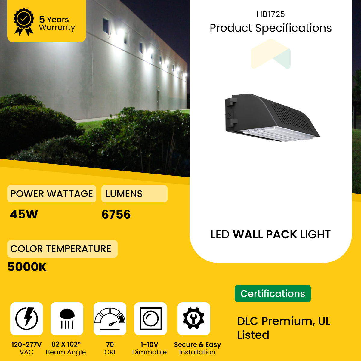 LED Full Cutoff Wall Pack Light 45W - 5000K - 6756 Lumens - AC120-277V 0-10V Dimmable - IP66 - UL Listed - DLC Premium Listed - 5 Years Warranty