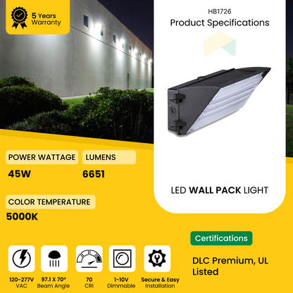 LED Semi Cutoff Wall Pack Light 45W - 5000K - 6651 Lumens - AC120-277V 0-10V Dimmable - IP66 - UL Listed - DLC Premium Listed - 5 Years Warranty