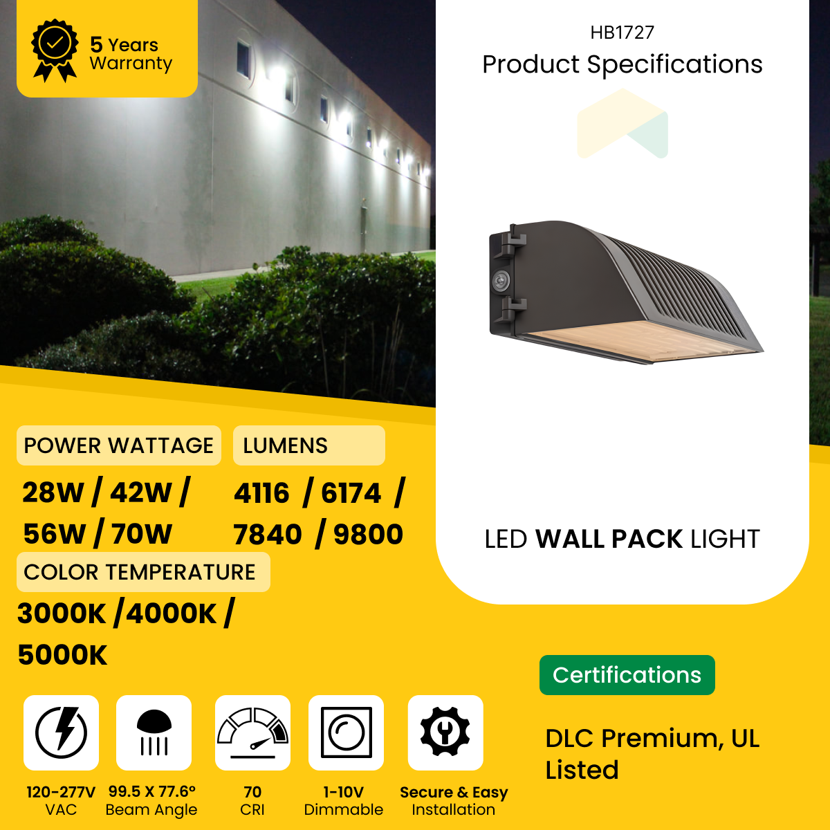 LED Full Cutoff Wall Pack Light 28W/42W/56W/70W Wattage 3000K/4000K/5000K - CCT Selectable, 3571Lumens - AC120-277 - IP66 - UL Listed - DLC Premium Listed - 5 Years Warranty