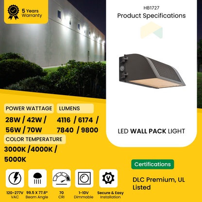 LED Full Cutoff Wall Pack Light 28W/42W/56W/70W Wattage 3000K/4000K/5000K - CCT Selectable, 3571Lumens - AC120-277 - IP66 - UL Listed - DLC Premium Listed - 5 Years Warranty