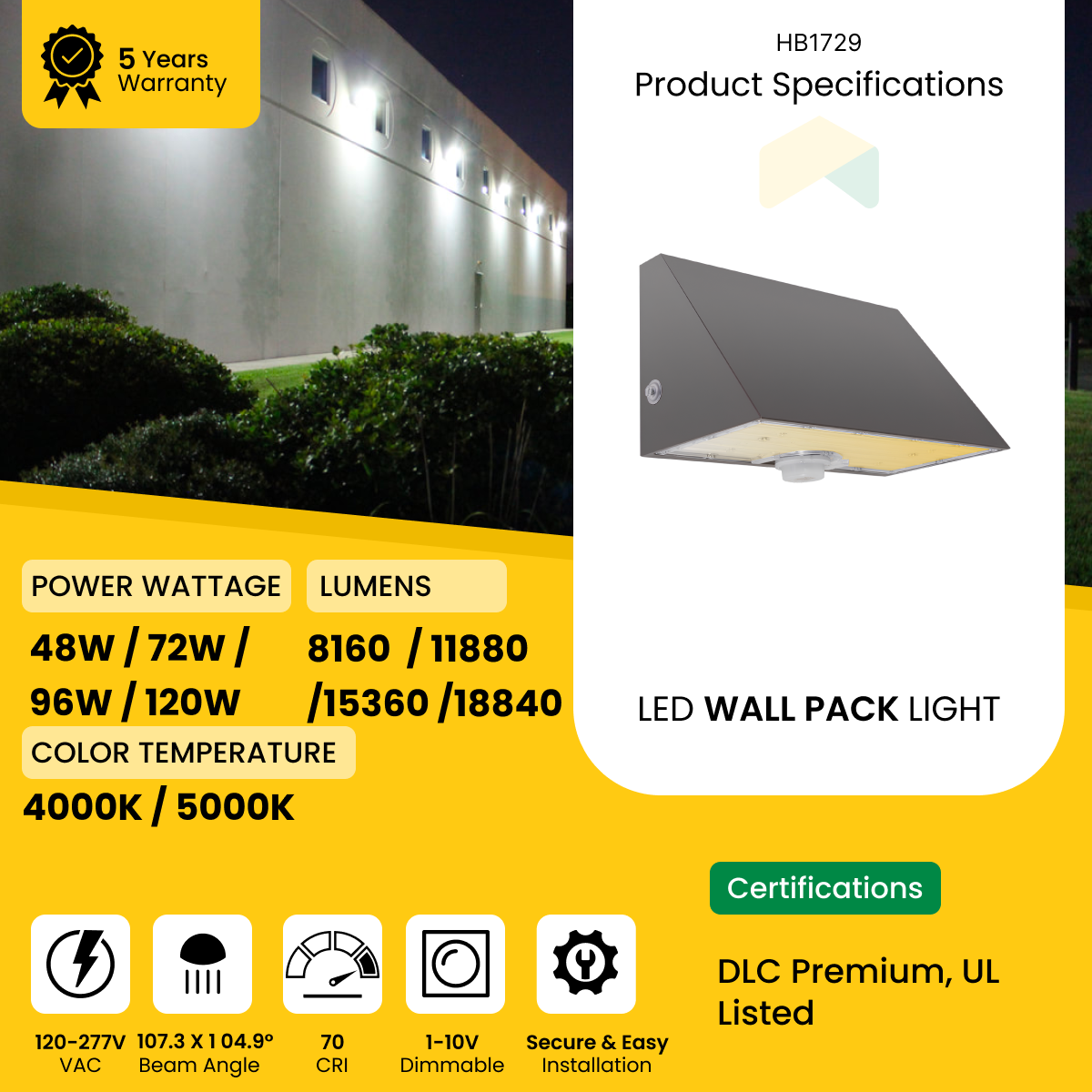 LED Architectural Wall Pack Light 48W/72W/96W/120W Wattage adjustable - 4000K/5000K - 18840Lumens CCT Selectable AC120-277V 0-10V Dimmable - IP66 - UL Listed - DLC Premium Listed - 5 Years Warranty