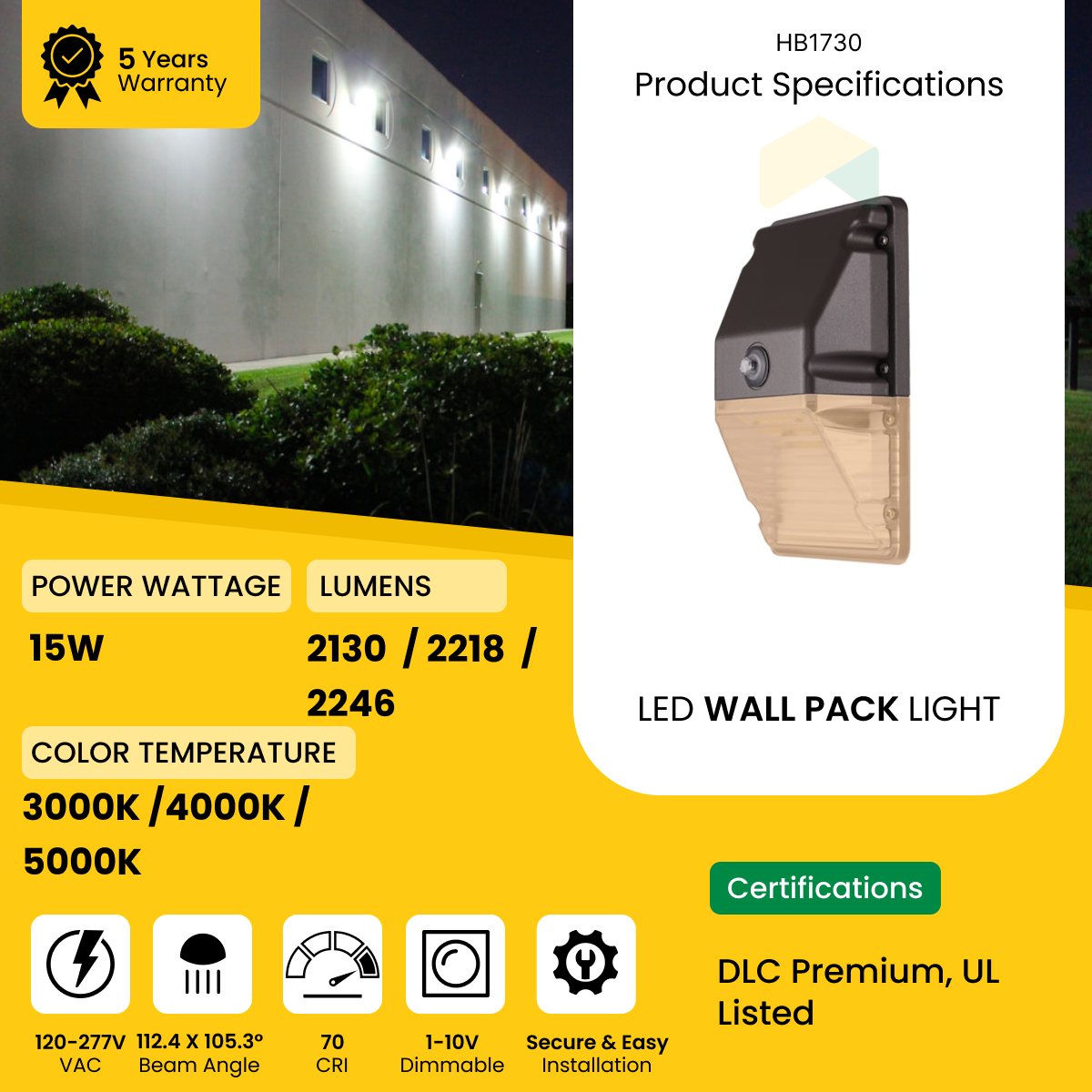 LED Mini Wall Pack Light with Photocell - 15W - 3000K/4000K/5000K 2246Lumens CCT Selectable AC120-277V 0-10V Dimmable - IP66 - UL Listed - DLC Premium Listed - 5 Years Warranty