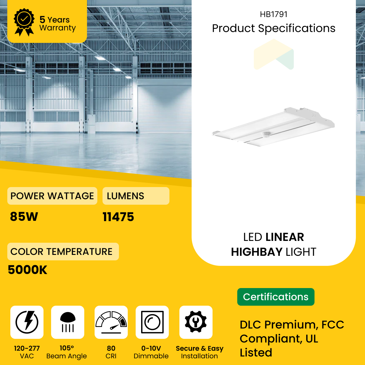 LED High Bay Light - Selectable 85W 2ft, 5000K,0-10V Dim To 10%, AC120-277V, 11475Lumens, DLC Premium, FCC Compliant, UL Listed