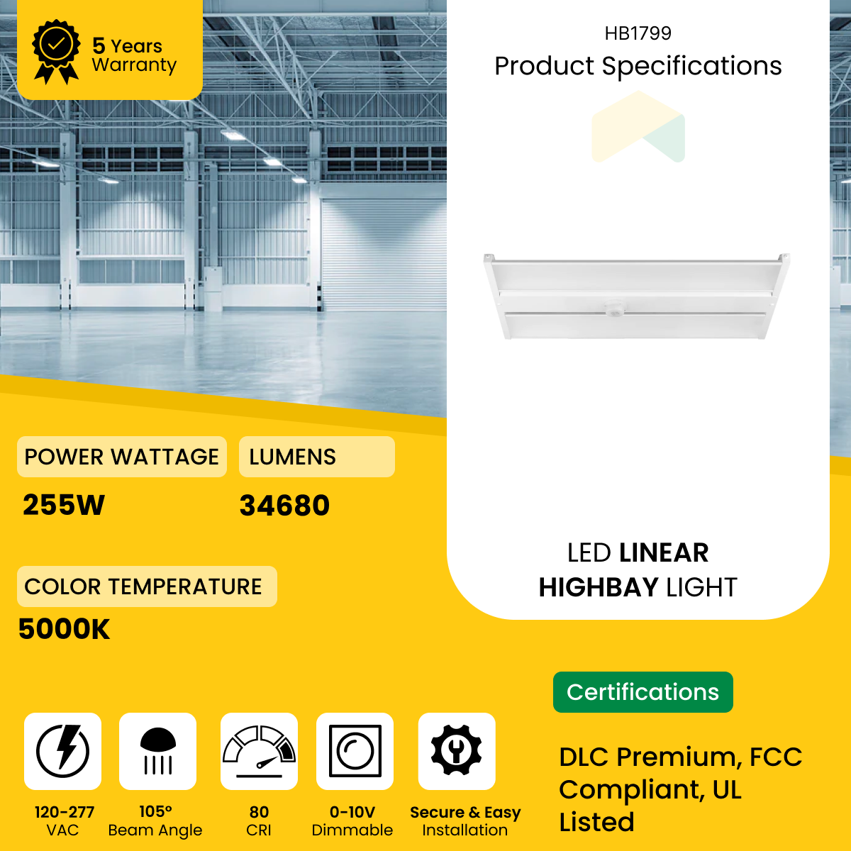 LED High Bay Light 255W 4FT - 5000K, 0-10V Dim To 10%. , AC120-277V, 34680 Lumens, DLC Premium, FCC Compliant, UL Listed