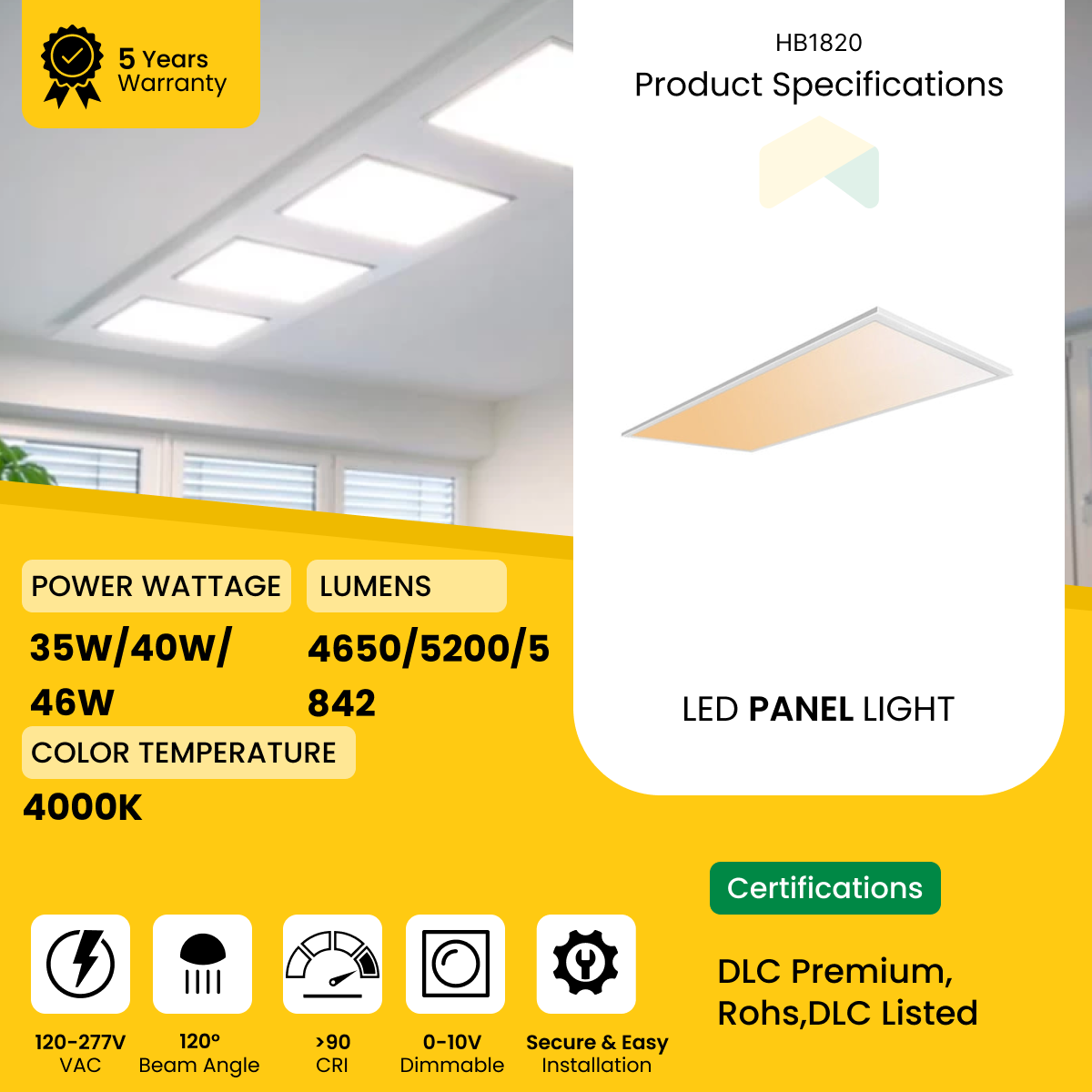 Led Panel Tunable Light 35W/40W/46W Wattage adjustable, 4000K- 5842 Lumens AC120-277V, 0-10V Dimmable - IP66 - UL Listed - DLC Premium Listed - 5 Years Warranty