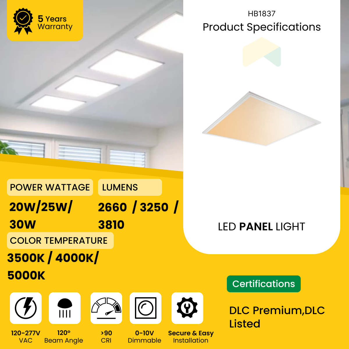 LED Panel Light Tunable 20W/25W/30W Wattage adjustable 3500K/4000K/5000K ,3810Lumens 0-10V Dimmable - IP66 - UL Listed - DLC Premium Listed - 5 Years Warranty