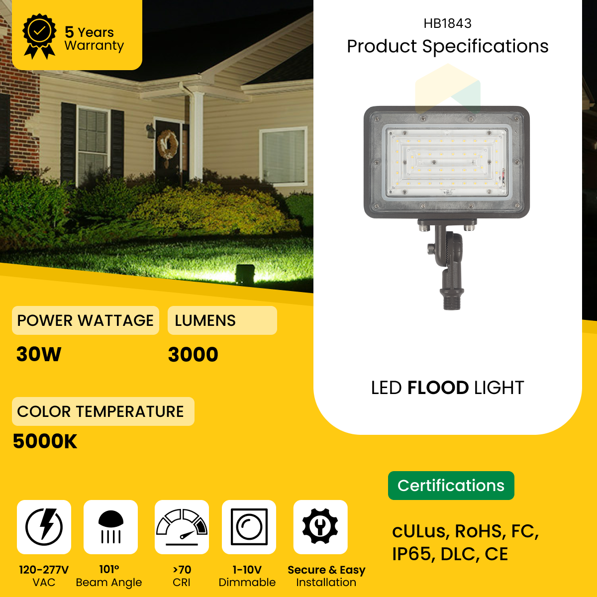 30W LED Flood Light - 5000K, Knuckle Mount, 1-10V Dimming, AC120-277V, 4350 Lumens, UL, DLC Premium Listed
