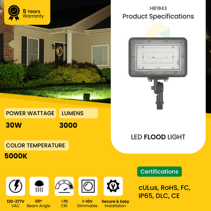 30W LED Flood Light - 5000K, Knuckle Mount, 1-10V Dimming, AC120-277V, 4350 Lumens, UL, DLC Premium Listed