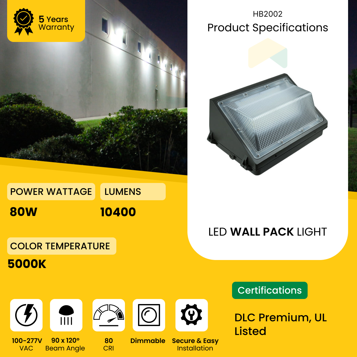 LED Wall Pack Lights - 80W - 5000K, 10400Lumens, AC100-277V 0-10V Dimmable - IP66 - UL Listed - DLC Premium Listed - 5 Years Warranty