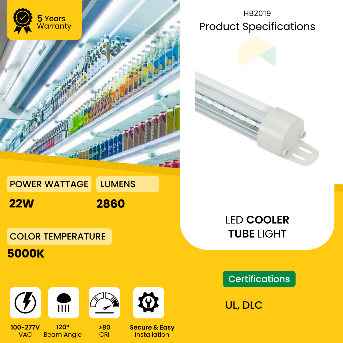 5ft Efficient LED Refrigerator Light Fixture 22W - 5000K - 2860Lumens - 100V-277V - for Display Cases, Refrigeration Units, Deli Cases, Convenience Stores DLC Premium Listed - 5 Years Warranty